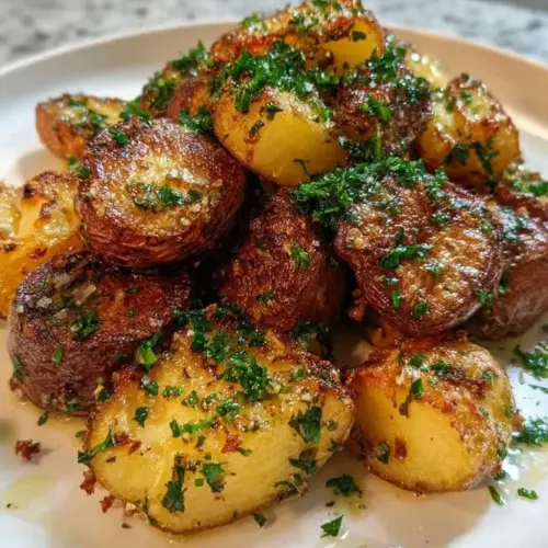 Delicious Garlic Butter Steak served with crispy roasted potatoes