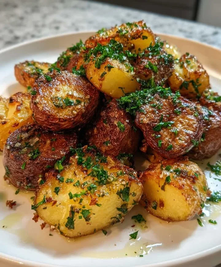 Delicious Garlic Butter Steak served with crispy roasted potatoes