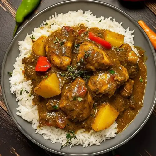 Delicious Jamaican Curry Chicken served with rice and vegetables