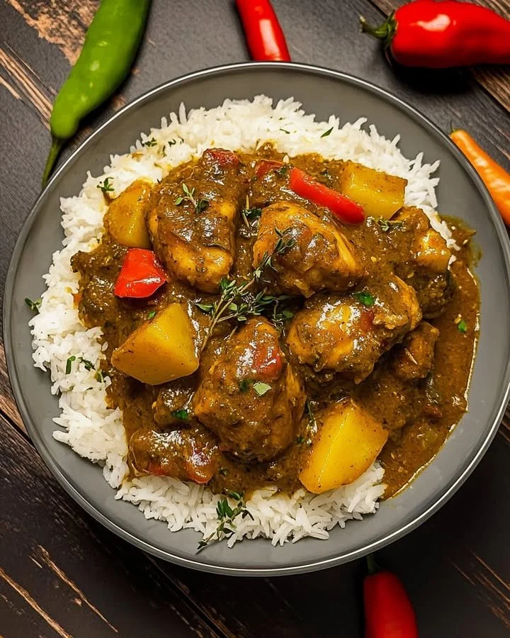 Delicious Jamaican Curry Chicken served with rice and vegetables