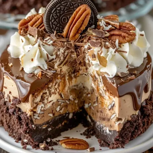 Slice of German Chocolate No-Bake Cheesecake topped with chocolate and coconut