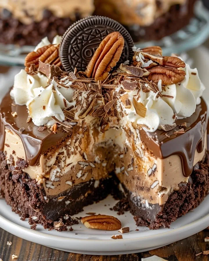 Slice of German Chocolate No-Bake Cheesecake topped with chocolate and coconut