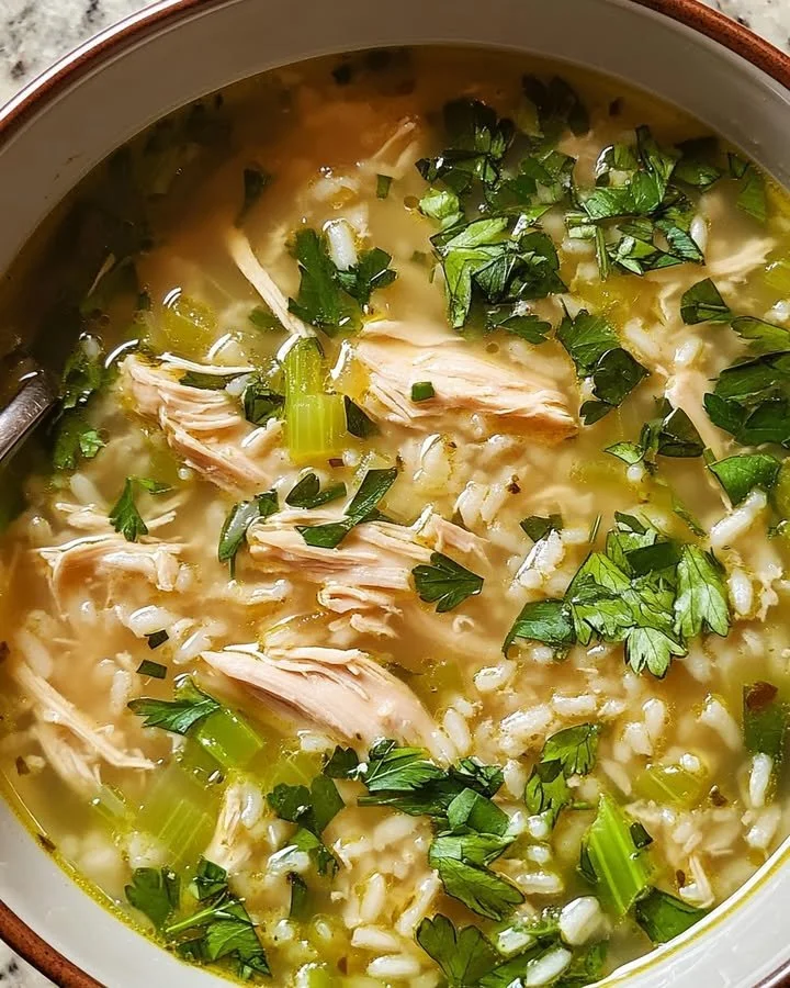 Delicious bowl of Ginger Chicken Rice Soup with fresh ginger and chicken.