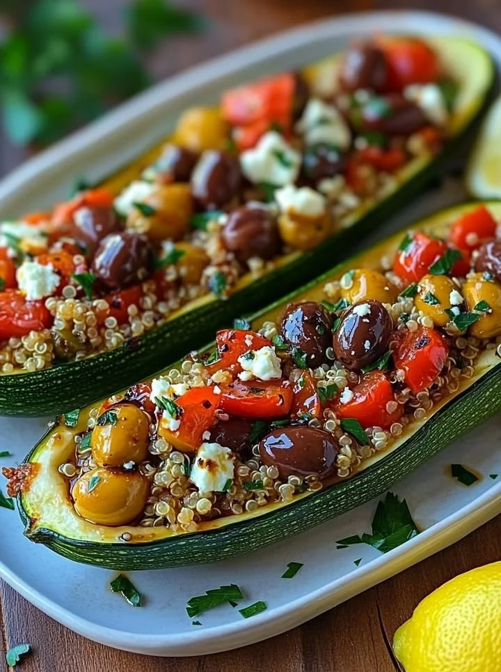 Glazed quinoa feta stuffed zucchini boats baked until golden and served warm.