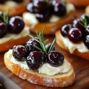 Goat Cheese Crostini topped with roasted cherries on a rustic wooden board.