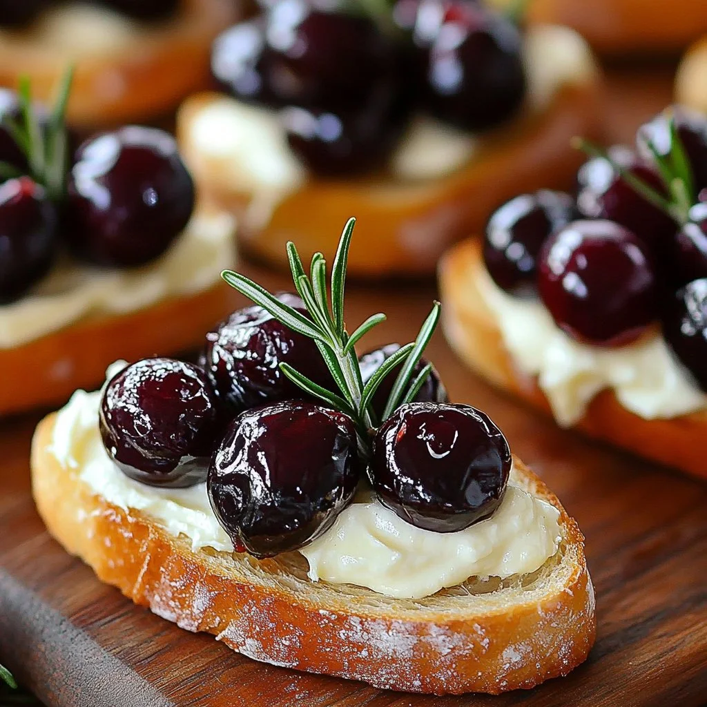 Goat Cheese Crostini topped with roasted cherries on a rustic wooden board.
