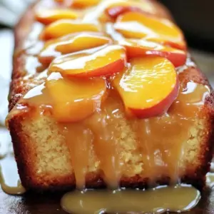 Golden-brown peach pound cake loaf on a wooden serving board