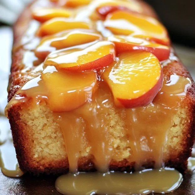 Golden-brown peach pound cake loaf on a wooden serving board