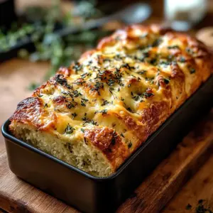 Golden Cheddar Herb Loaf with melted cheese and fresh herbs