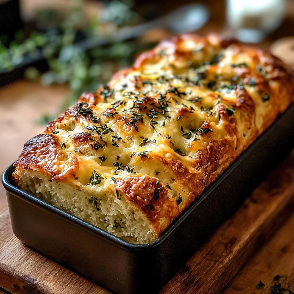 Golden Cheddar Herb Loaf with melted cheese and fresh herbs
