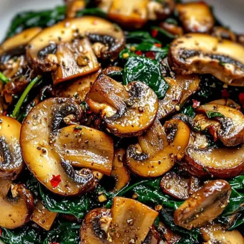 Healthy garlic-infused spinach medley with golden mushrooms.