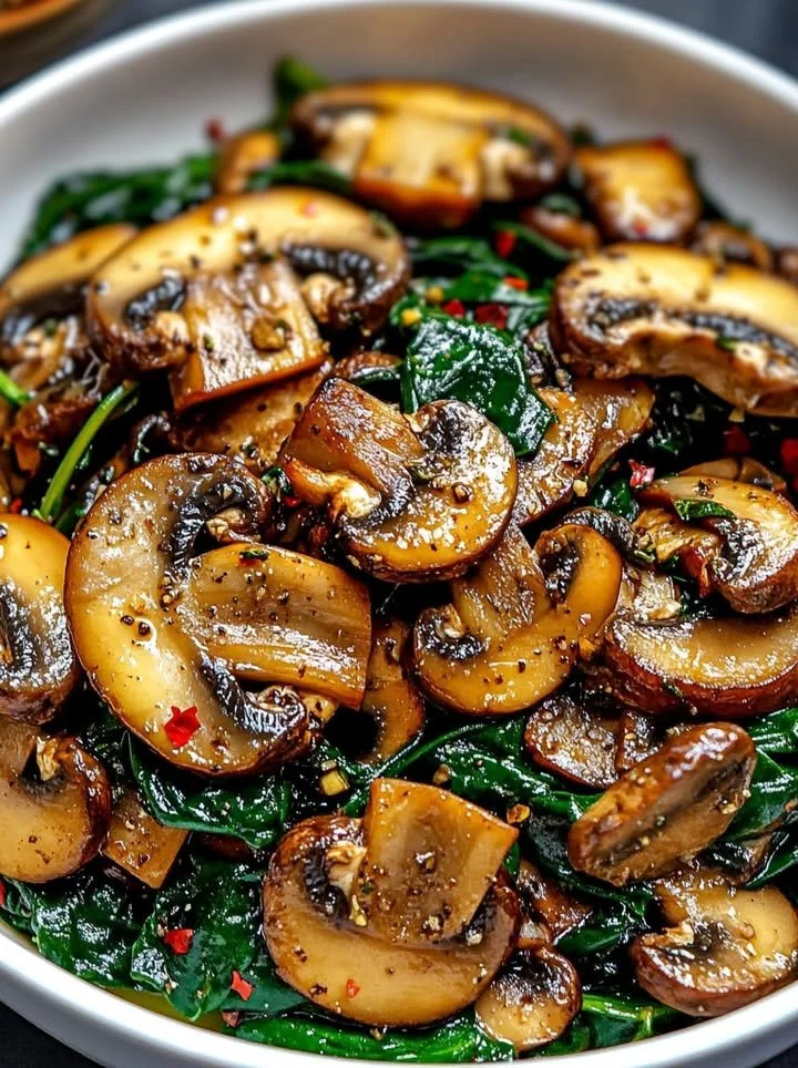 Healthy garlic-infused spinach medley with golden mushrooms.