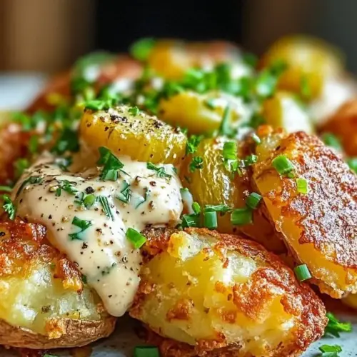 Delicious golden smashed potatoes topped with fresh herb sauce