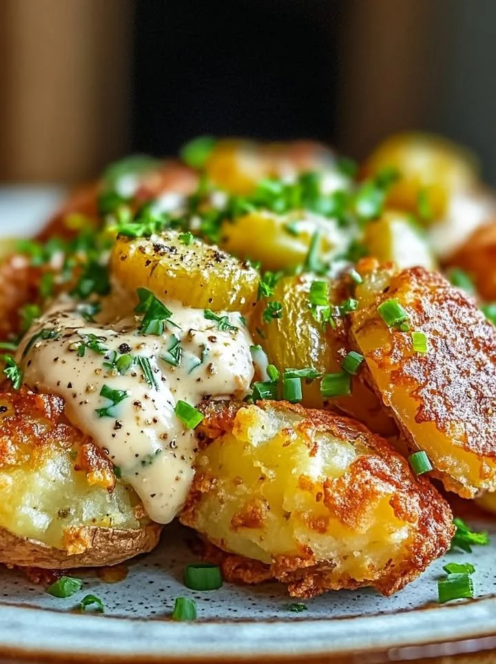 Delicious golden smashed potatoes topped with fresh herb sauce