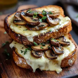 Gourmet grilled cheese sandwich with garlic mushrooms, golden and delicious.