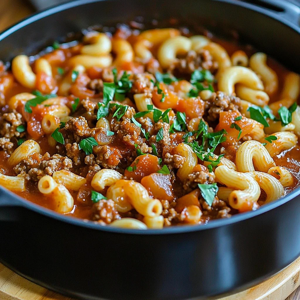A bowl of Grandma's savory goulash featuring pasta, beef, and vegetables.