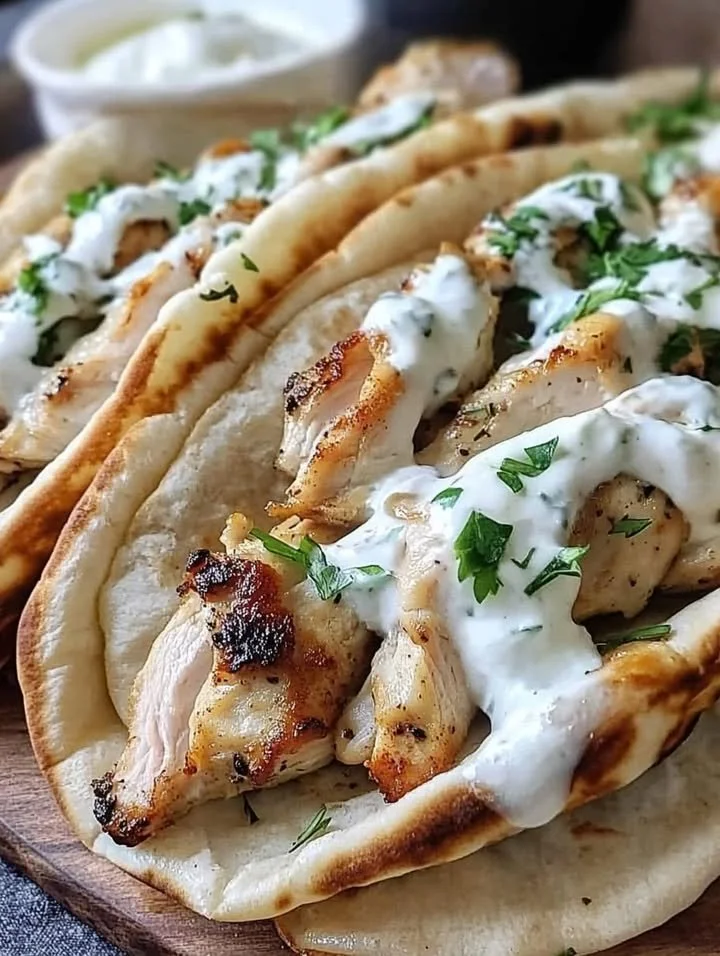 Delicious Greek grilled chicken gyros served with tzatziki sauce