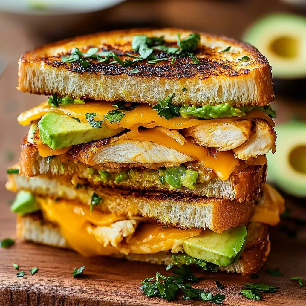 Grilled Chicken Avocado Melt sandwich with melted cheese and fresh avocado