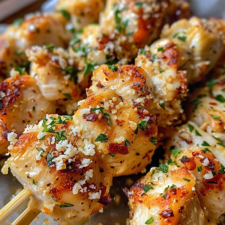 Grilled ranch garlic parmesan skewers served on a platter with herbs