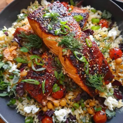 Grilled salmon rice bowl with fresh vegetables and herbs