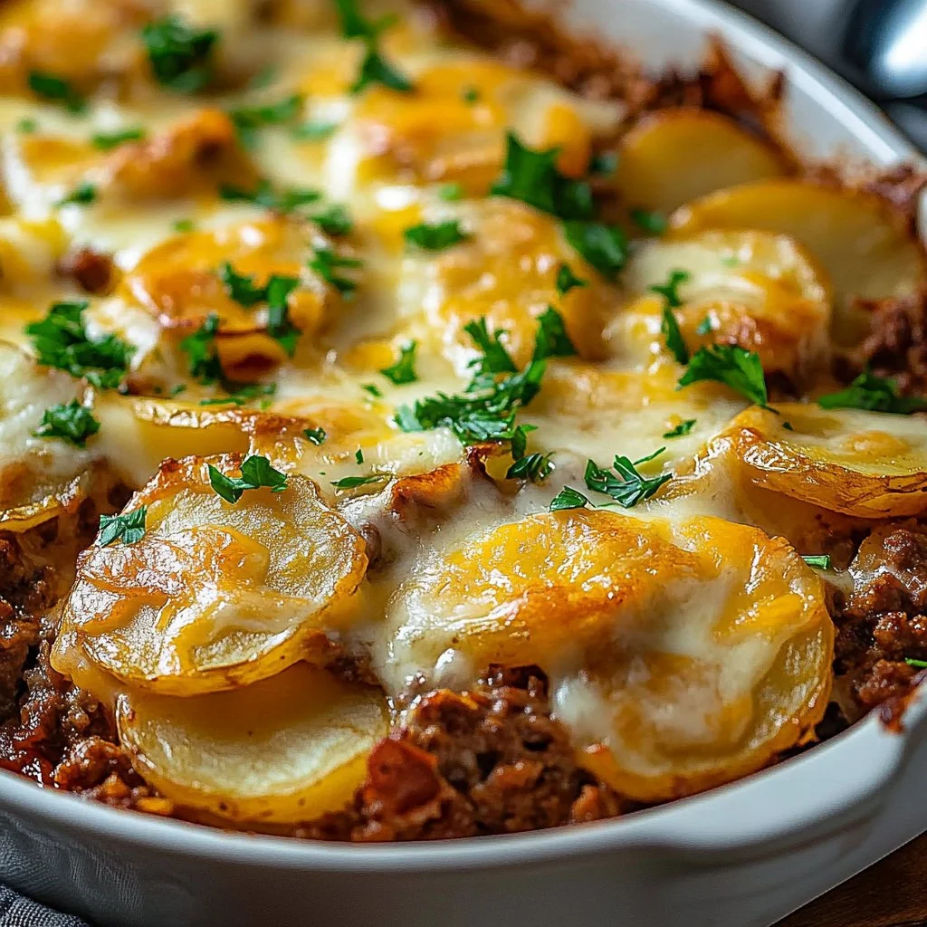 Delicious Ground Beef Hobo Casserole served in a baking dish.