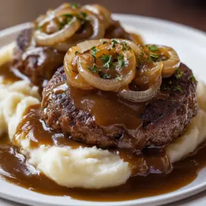 Delicious hamburger steaks served with rich onion gravy on a plate.