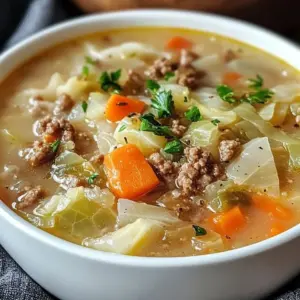 Delicious bowl of hearty beef and cabbage soup with fresh vegetables