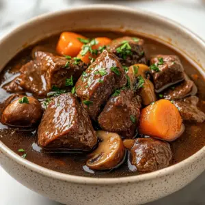Delicious hearty beef and mushroom stew in a rustic bowl