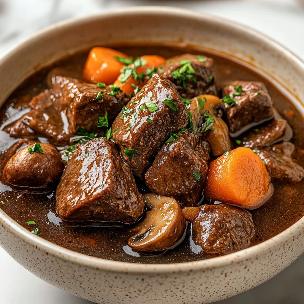 Delicious hearty beef and mushroom stew in a rustic bowl
