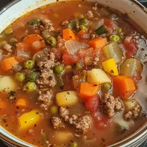 Hearty hamburger vegetable soup featuring fresh vegetables and ground beef.