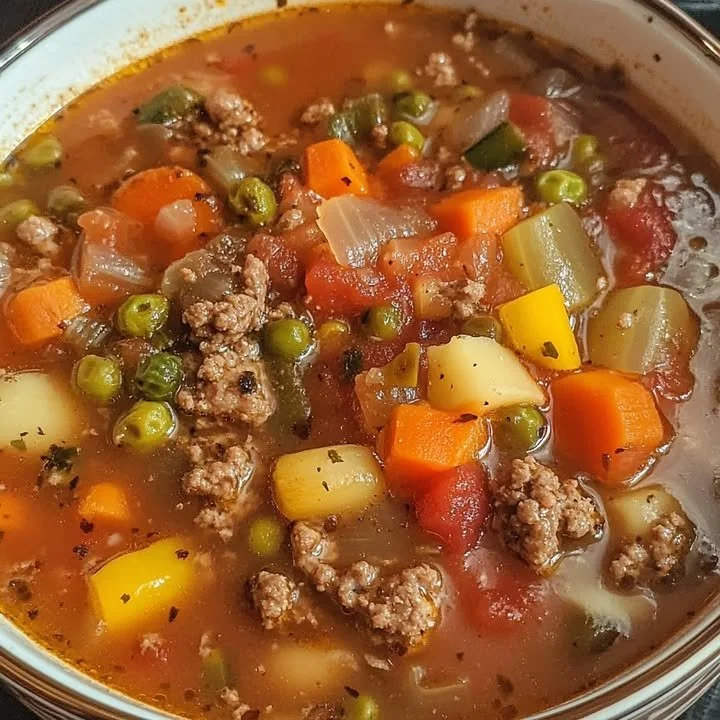 Hearty hamburger vegetable soup featuring fresh vegetables and ground beef.