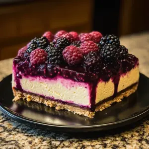 Heavenly blackberry raspberry cheesecake topped with fresh berries and cream.