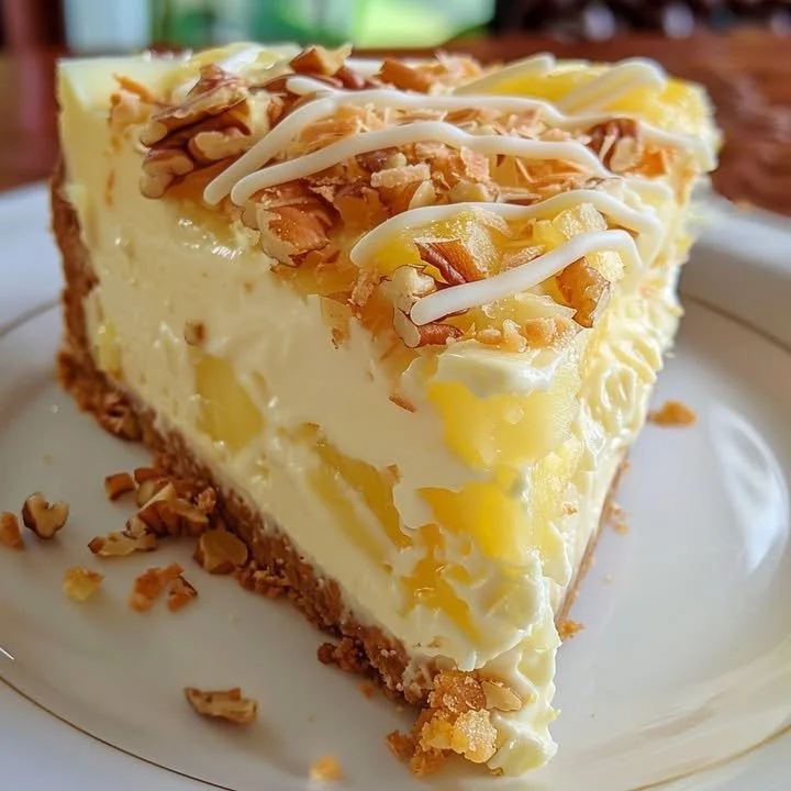 Heavenly pineapple coconut cheesecake with white chocolate garnish