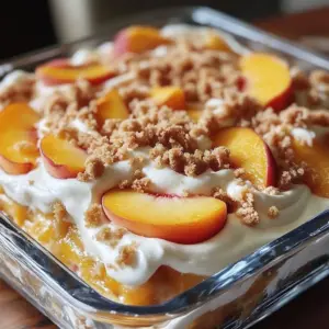 Heavenly Summer Peach Poke Cake topped with peach slices and whipped cream