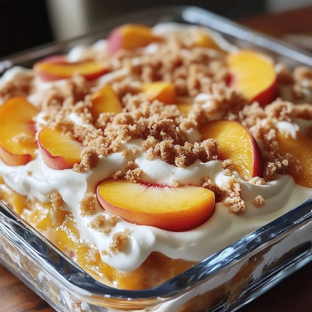 Heavenly Summer Peach Poke Cake topped with peach slices and whipped cream