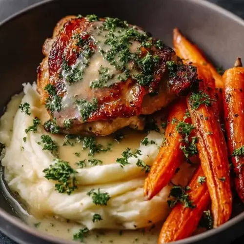 Herb Roasted Chicken served with creamy gravy on a plate