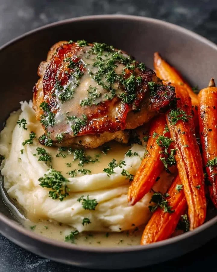 Herb Roasted Chicken served with creamy gravy on a plate