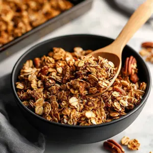 Bowl of homemade honey-pecan granola with nuts and honey drizzled on top