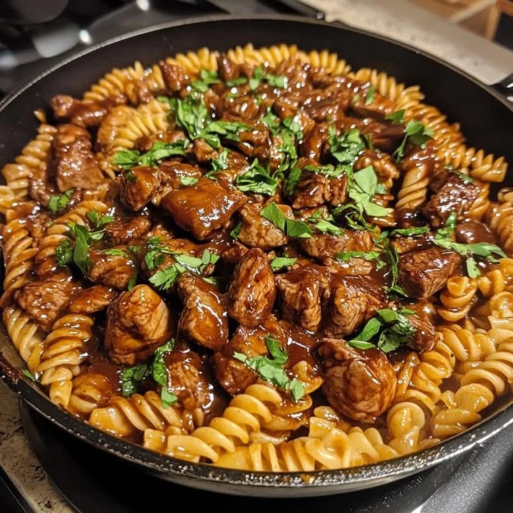 Delicious honey BBQ chicken pasta with steak and savory sauce