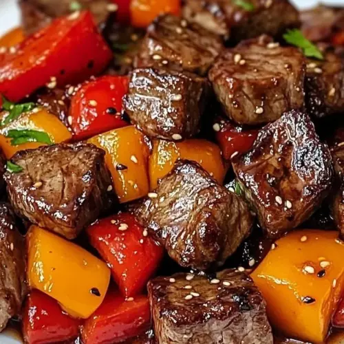 Honey garlic steak bites with colorful peppers served on a plate