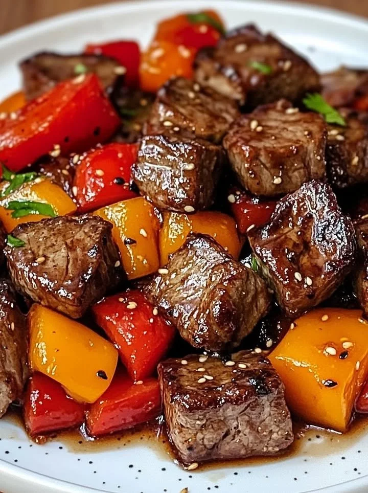 Honey garlic steak bites with colorful peppers served on a plate