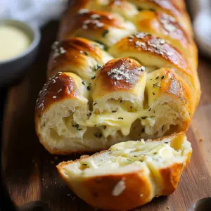 Impressive swirled garlic herb cheese bread ready to serve with a golden crust.