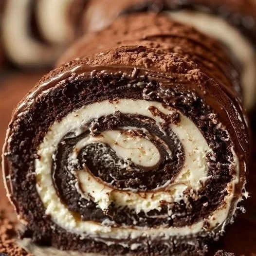 Indulgent chocolate swirl roll dessert with rich cocoa and sweet cream filling