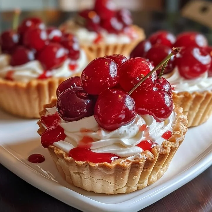 Delicious mini cherry cheesecake pies with cherry topping on a white plate.