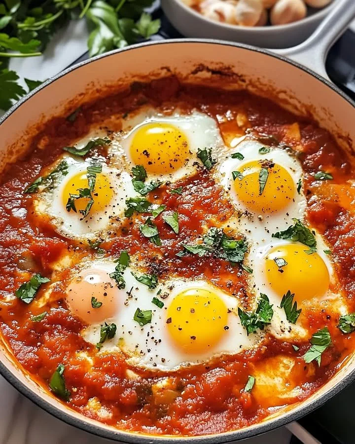 Italian Style Spicy Tomato Garlic Eggs served in a vibrant tomato sauce