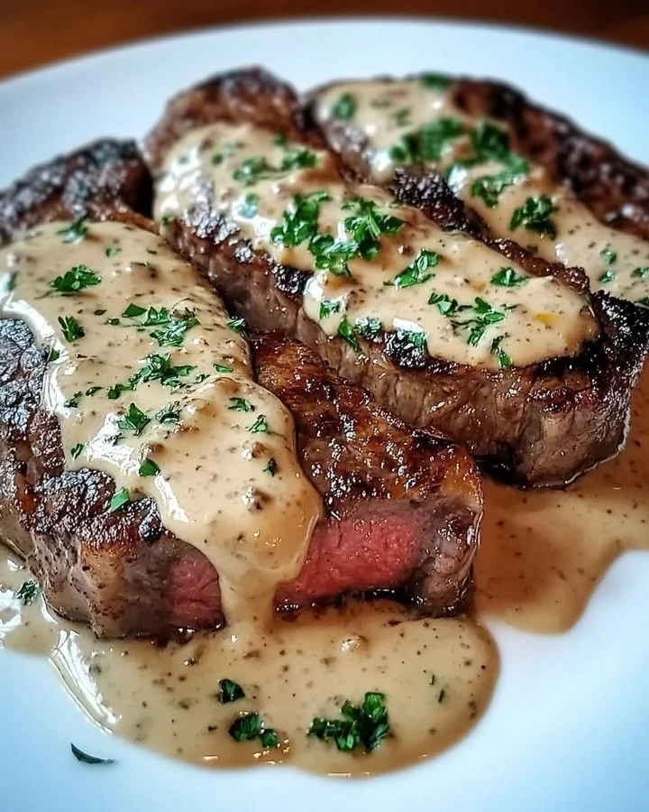 Juicy steak in creamy garlic sauce served on a plate