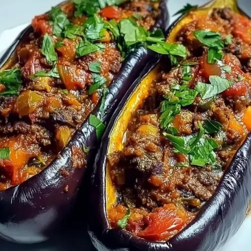 Delicious Karniyarik dish featuring stuffed eggplants with beef and spices.
