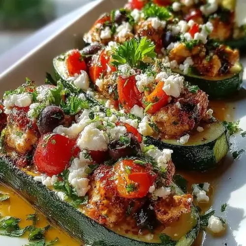 Lemon-herb chicken zucchini boats topped with feta cheese