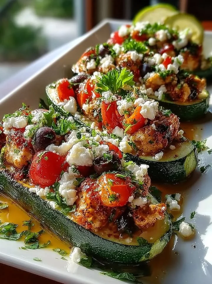 Lemon-herb chicken zucchini boats topped with feta cheese