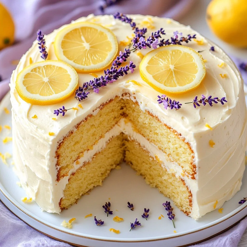 Lemon Lavender Cake decorated with fresh lavender and lemon slices